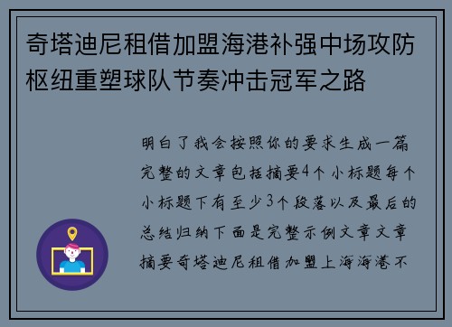 奇塔迪尼租借加盟海港补强中场攻防枢纽重塑球队节奏冲击冠军之路